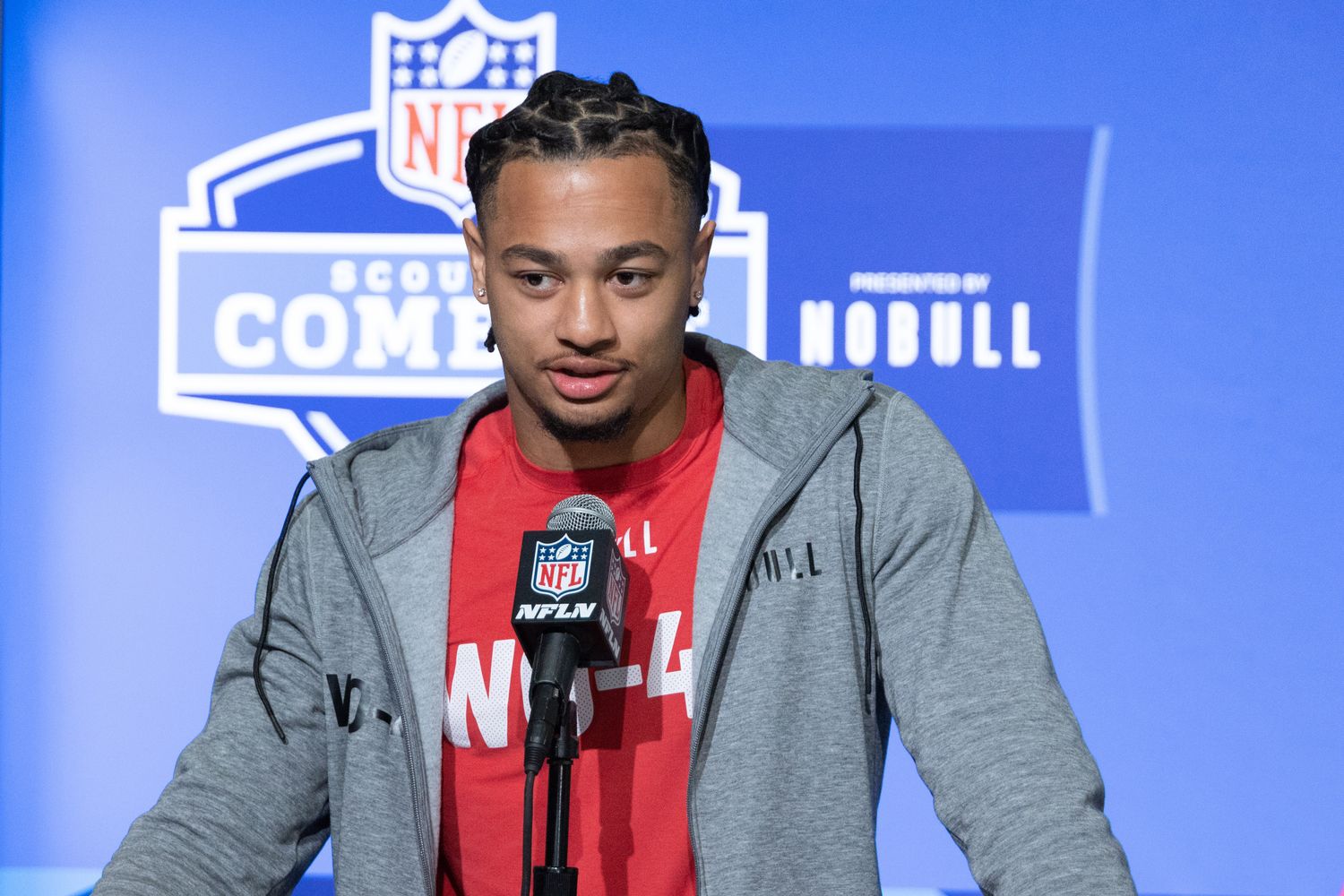 Mar 3, 2023; Indianapolis, IN, USA; Ohio State wide receiver Jaxon Smith Njigba (WO45) speaks to the press at the NFL Combine at Lucas Oil Stadium. Mandatory Credit: Trevor Ruszkowski-USA TODAY Sports